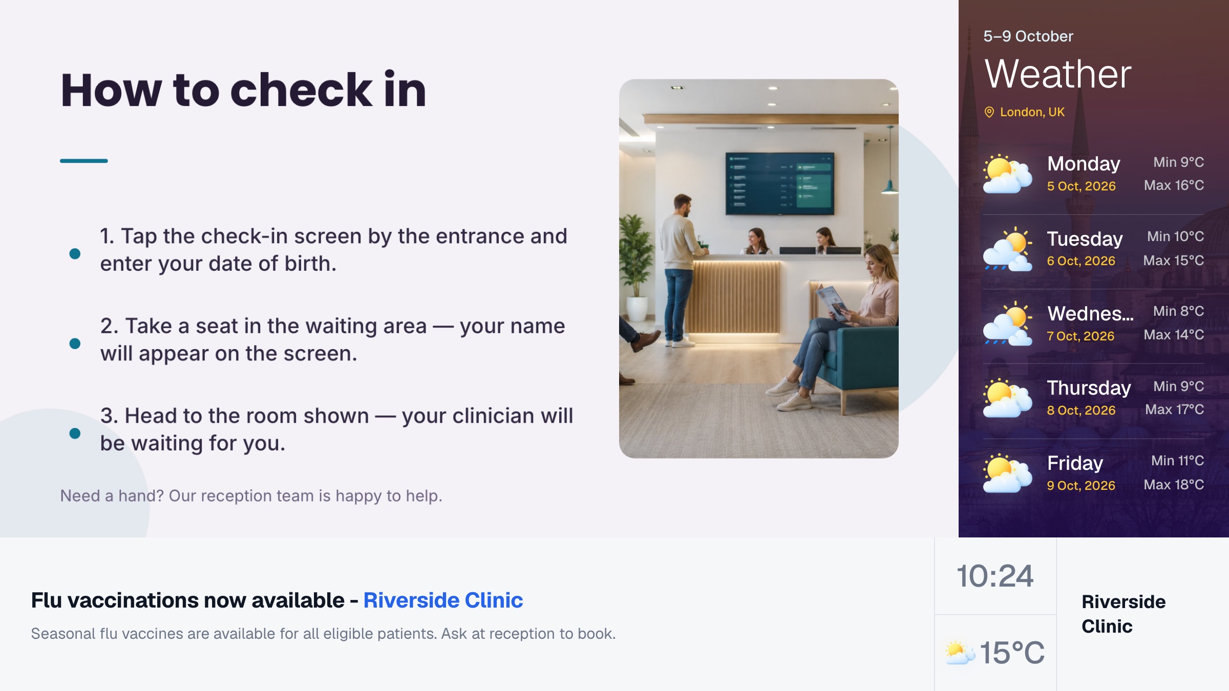 Venubee Layout 2 on a waiting-room TV: a “How to check in” template slide, a five-day weather forecast, clinic news, and the time.